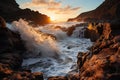 Waves embracing coastal rocks at sunrise, sunrise and sunset wallpaper