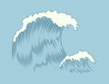Waves engraving. Marine and nautical or ocean waves background for banner or poster. Hand drawn sketch of sea splash Royalty Free Stock Photo