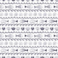 Waves, fish, seashells nautical seamless pattern