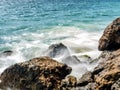 Waves hitting the rocks at Zuma Beach, long exposure, silk water - Zuma Beach, Los Angeles, LA, California, CA