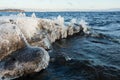 Ice frozen over rocks in lake shore