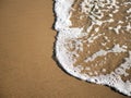 Waves lapping against sand on the California coast. Sea foam and sandy beaches in summer sunlight for travel blogs, website banner