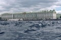 Waves on the Neva river against the background of the Winter Palace in St. Petersburg