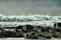 waves of Pacific ocean and rugged beauty of basalt rocks