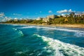 Waves in the Pacific Ocean and view of the beach in San Clemente, California.