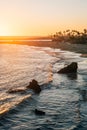 Waves And Rocks In The Pacific Oean At Sunset, In Corona Del Mar, Newport Beach, California