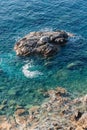 Waves on rocky beach, sea shore with waves crushing over the big rocks Royalty Free Stock Photo