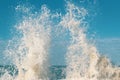 Waves crash on the pier. seascape. Marine background. Sea spray. Royalty Free Stock Photo