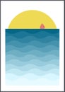 Waves and ship nursery illustration poster. Cute sailing ship. Kid sailboat.