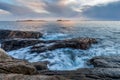 Waves at the shore in Helleviga recreation area, blue hour in South Norway