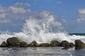 Seascape. Waves show. Summer, sea, sun, beach, rocks, holiday, fun and blue sky - Black Sea, landmark attraction in Romania Royalty Free Stock Photo