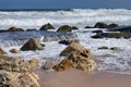 Seascape. Waves show. Summer, sea, sun, beach, rocks, holiday, fun and blue sky - Black Sea, landmark attraction in Romania Royalty Free Stock Photo