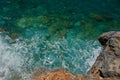 Waves splash against rocks. Marine theme with copy space. Top view natural background of rippled sea-green sea water. Aerial view Royalty Free Stock Photo