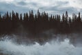 Waves and splashes of mountain river on background of forest, rocks and dramatic sky. Forest river water landscape. Wild river in Royalty Free Stock Photo