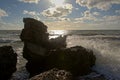 Waves splashing against remains of bombarded Sovjet fort in the Baltic sea Royalty Free Stock Photo