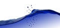 Waves and splashing water droplets(blue), white top background, copy space. Bottom gradient from white Royalty Free Stock Photo