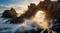 Waves Spray Through a Natural Arch on the Rocky Coast Royalty Free Stock Photo