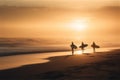Waves of sunset: silhouettes of surfers on the beach at sunset, golden light illuminating the waves