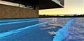 Waves on the surface of the luminous pool on the roof terrace of an elite modern cottage on an amazing starry night two hours