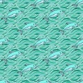 Waves water doodle sea and dolphins colored seamless pattern vector illustratio. Can be used for design of gift packs, wrap