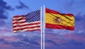 Waving American flag and flag of Spain. Closeup view