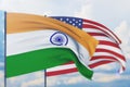 Waving American flag and flag of India. Closeup view, 3D illustration.