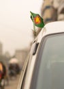 Waving Bangladeshi flag attached with the radio antenna of a car