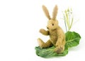 Waving bunny rabbit vintage soft toy. Copy space.