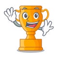 Waving cartoon trophy cup with star on cyan