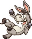Cartoon donkey or mule lying down and waving happy.