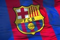Waving fabric texture flag of FC Barcelona football club, real t