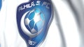 Waving flag with Al Hilal FC football club logo, close-up. Editorial loopable 3D animation