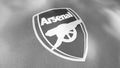 Waving flag with Arsenal football team logo, close-up. Motion. Black and white professional english football club flag Royalty Free Stock Photo