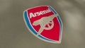 Waving flag with Arsenal football team logo, close-up. Motion. Colorful professional english football club flag Royalty Free Stock Photo