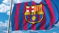 Waving flag with Barcelona football team logo. Editorial 3D rendering
