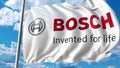 Waving flag with Bosch logo against sky and clouds. Editorial 3D rendering Royalty Free Stock Photo