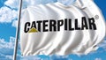 Waving flag with Caterpillar logo against sky and clouds. Editorial 3D rendering