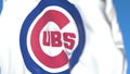 Waving flag with Chicago Cubs team logo, close-up. Editorial 3D rendering