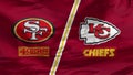 A waving flag with the Chiefs vs. 49ers logo teams that will play the Super Bowl LVIII match in Las Vegas.