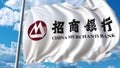 Waving flag with China Merchants Sbank logo against sky and clouds. Editorial 3D rendering