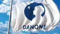 Waving flag with Danone logo against moving clouds. 4K editorial animation
