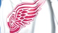 Waving flag with Detroit Red Wings NHL hockey team logo, close-up. Editorial 3D rendering