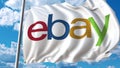 Waving flag with Ebay logo against sky and clouds. Editorial 3D rendering