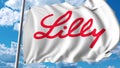 Waving flag with Eli Lilly And Company logo. 4K editorial animation