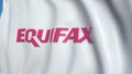 Flying flag with Equifax logo, close-up. Editorial loopable 3D animation