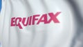 Flying flag with Equifax logo, close-up. Editorial 3D rendering