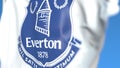 Flying flag with Everton FC football club logo, close-up. Editorial 3D rendering