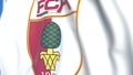 Flying flag with FC Augsburg football club logo, close-up. Editorial 3D rendering