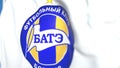 Flying flag with FC Bate Borisov football club logo, close-up. Editorial 3D rendering