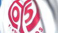 Flying flag with 1. FSV Mainz 05 football club logo, close-up. Editorial loopable 3D animation